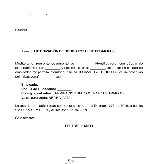 Carta de autorización de retiro de cesantías