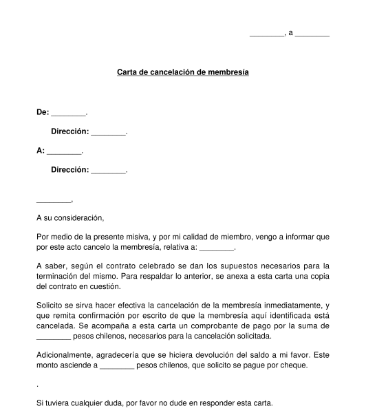 Carta de Cancelación de membresía o suscripción