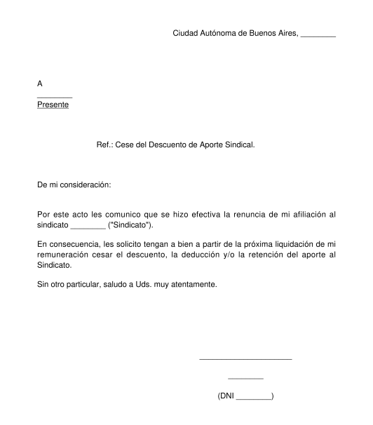 Carta de Cesación del Descuento Sindical