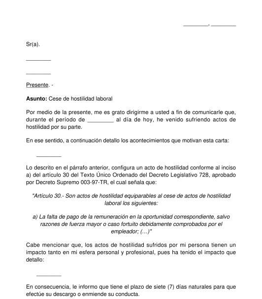 Carta de cese de actos de hostilidad laboral