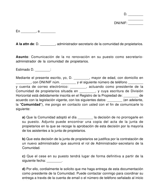 Carta de cese de un administrador de fincas