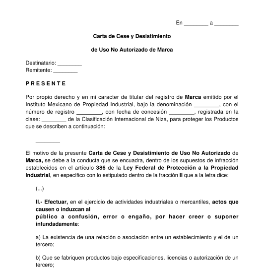 Carta de Cese y Desistimiento por Uso No Autorizado de Signo Distintivo