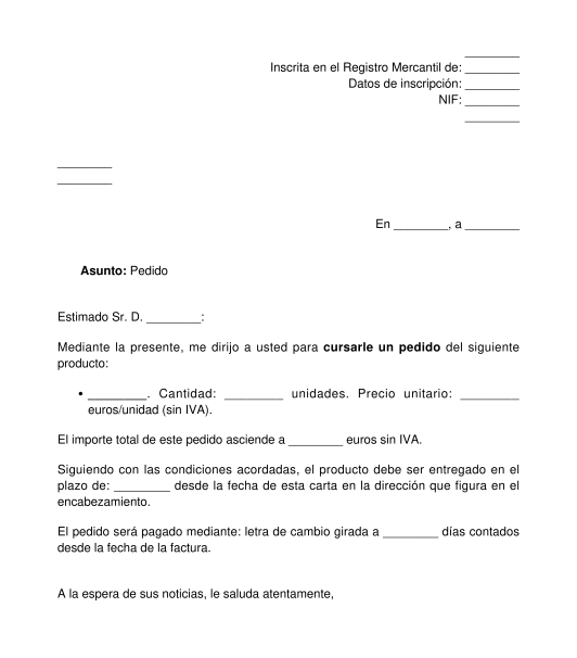value Misfortune Nominal Carta Comercial de Pedido - Modelo, Formato Word y PDF