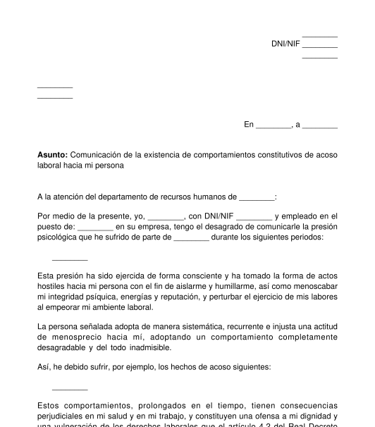 Carta de Comunicación de Acoso Laboral a su Empleador