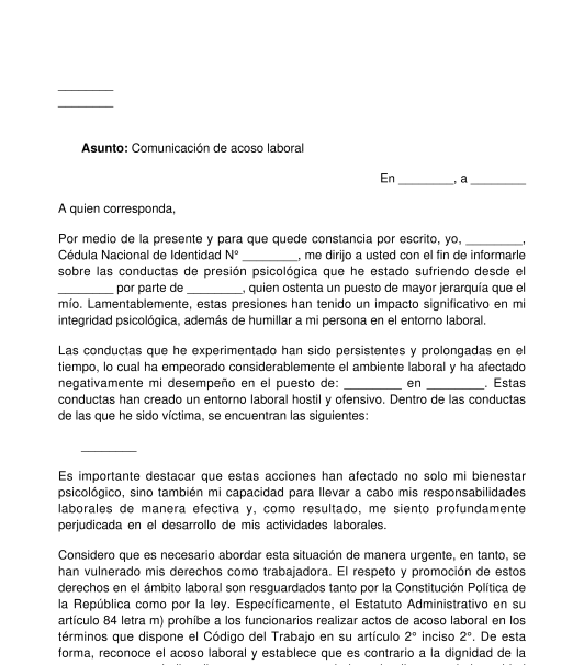 Carta de comunicación de acoso laboral a su empleador