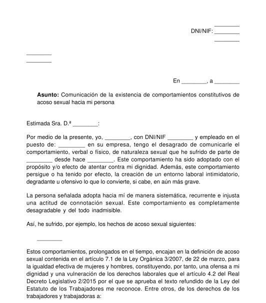 Carta de comunicación de acoso sexual o de acoso por razón de sexo a su empleador