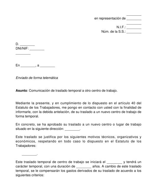 Carta de comunicación de traslado de centro de trabajo a un trabajador
