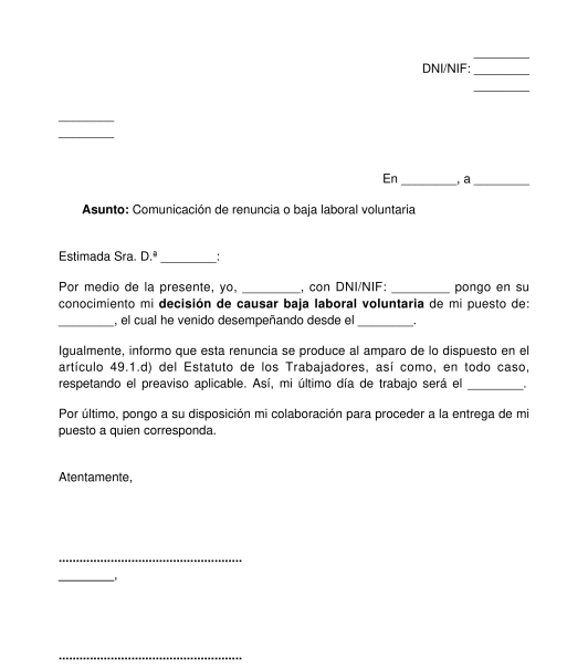 Carta de renuncia laboral voluntaria