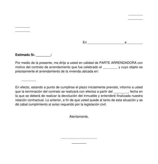 Carta del arrendador para terminación de contrato de arrendamiento