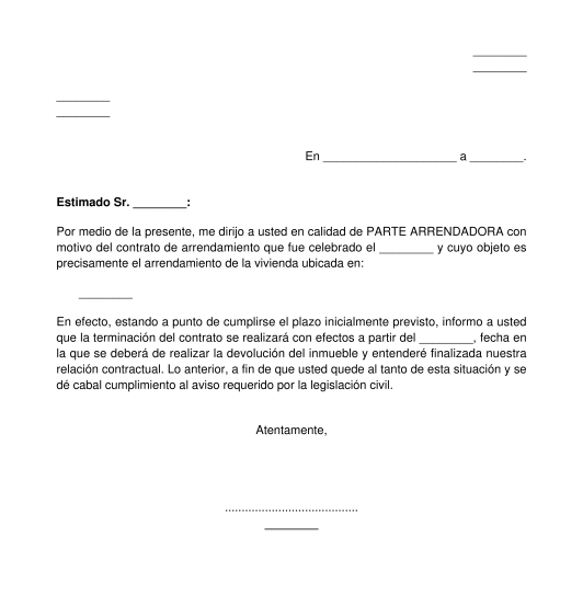 Carta del Arrendador para Terminación de Contrato de Arrendamiento