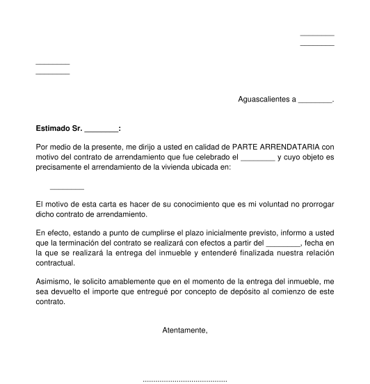 Carta del arrendatario para terminación de contrato de arrendamiento