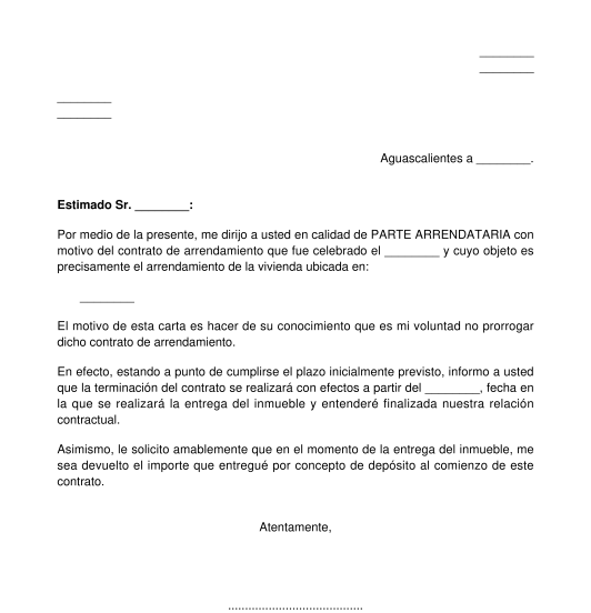 Carta del Arrendatario para Terminación de Contrato de Arrendamiento