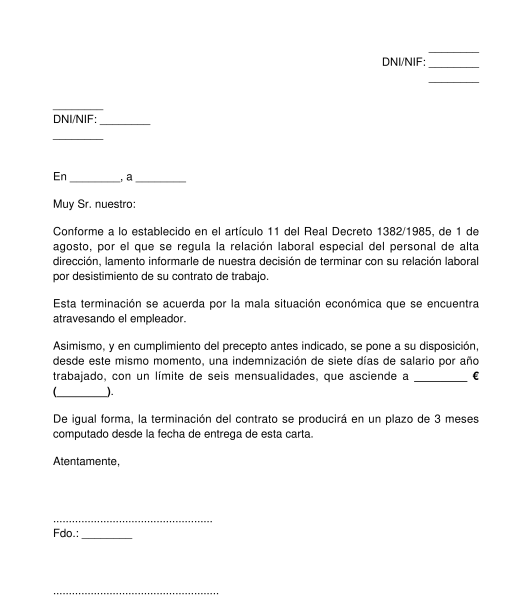 Carta de desistimiento del contrato de trabajo de un alto directivo