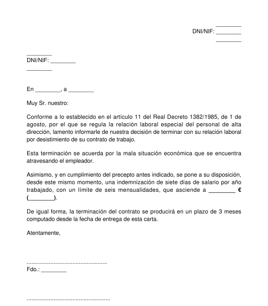 Carta de Desistimiento del Contrato de Trabajo de un Alto Directivo