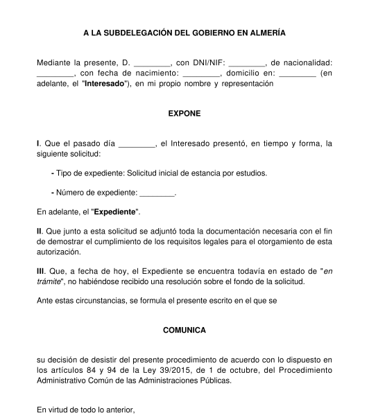 Carta de desistimiento de un expediente de extranjería