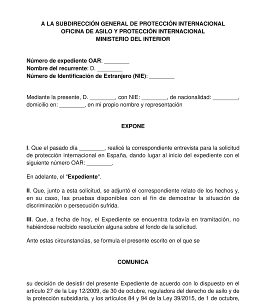 Carta de Desistimiento de una Solicitud de Protección Internacional