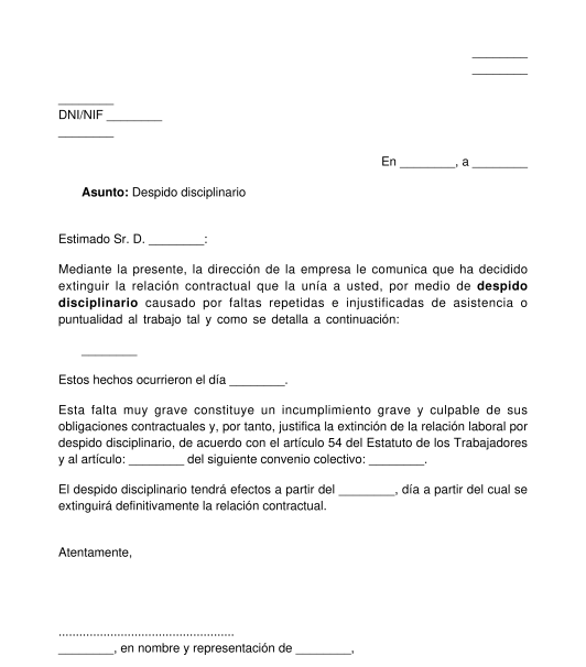 Carta de Despido Disciplinario - Modelo - Word y PDF