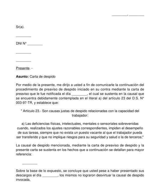 Carta de despido justificado