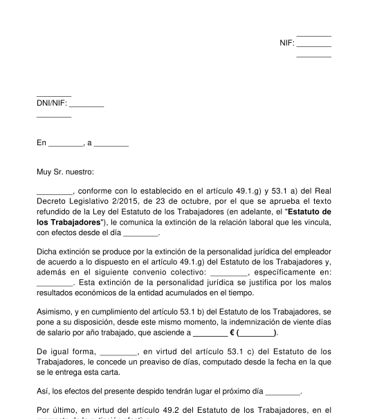 Carta de despido de trabajador por cierre de empresa