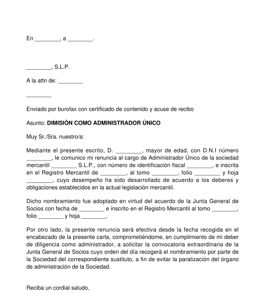 Carta de dimisión como administrador de sociedad limitada o anónima profesional