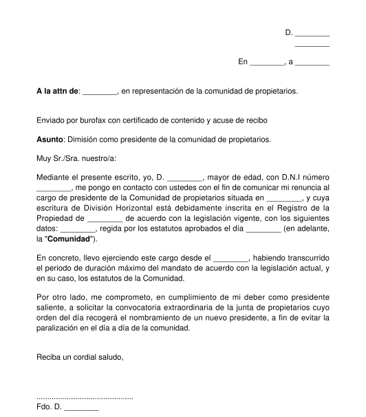 Carta de dimisión de un cargo de una comunidad de propietarios