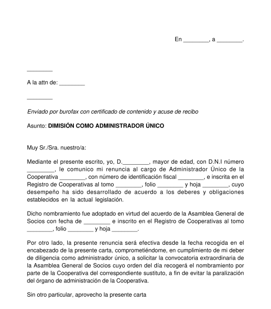 Carta de dimisión como miembro del órgano de administración de cooperativa