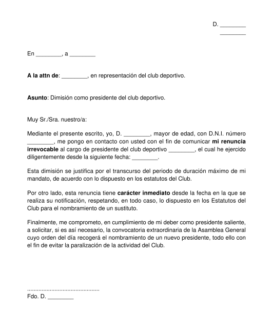 Carta de dimisión de un miembro de la junta directiva de un club deportivo
