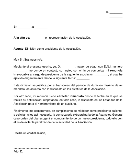 Carta de dimisión de un miembro de la junta directiva de una asociación
