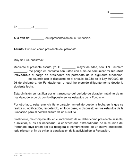 Carta de dimisión de un patrono de una fundación