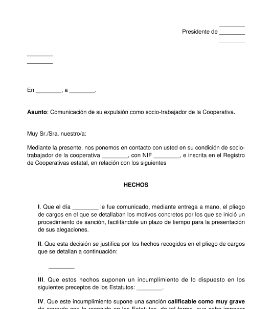 Carta de expulsión del socio de una cooperativa