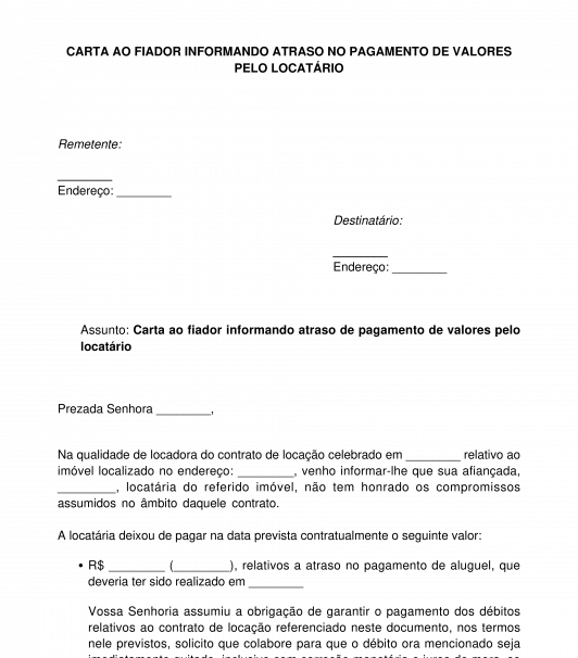 Carta ao fiador informando atraso no pagamento de valores pelo locatário