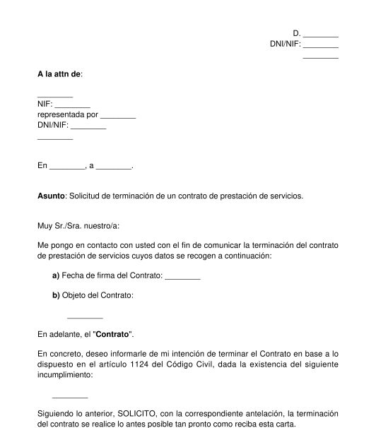 Carta de finalización de un contrato de prestación de servicios