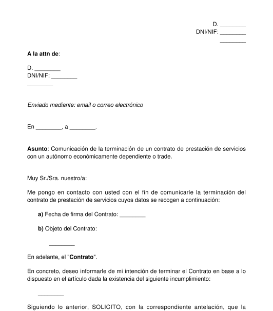 Carta de finalización de los servicios de un trabajador autónomo trade