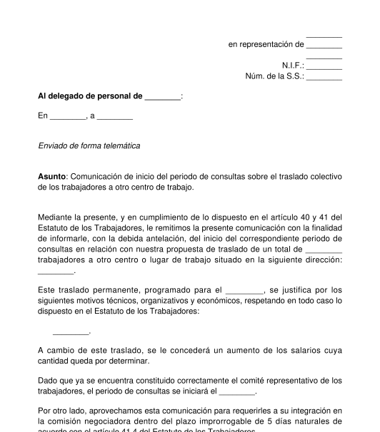 Carta de inicio de periodo de consultas para el traslado de centro de trabajo de los trabajadores