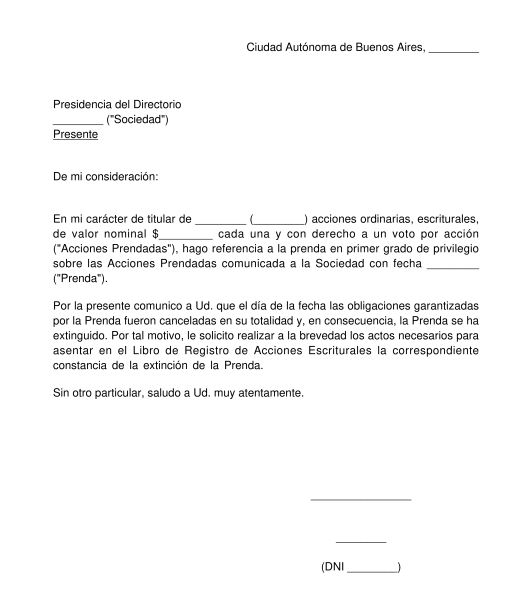 Carta de Liberación de Prenda de Acciones