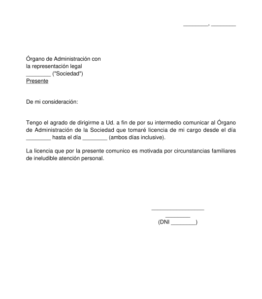 Carta de Licencia como Administrador de S.A.S.