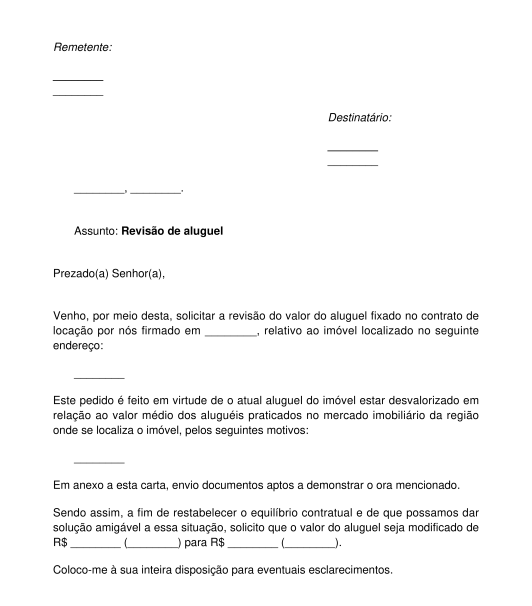 Carta para pedir revisão do aluguel