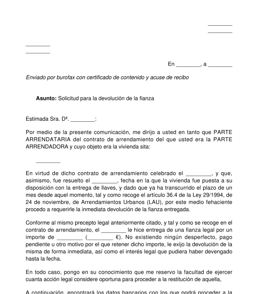 Carta para reclamar la devolución de la fianza al arrendador