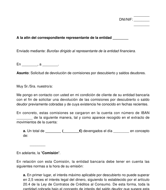 Carta para reclamar a una entidad bancaria la devolución de las comisiones por descubiertos en cuenta