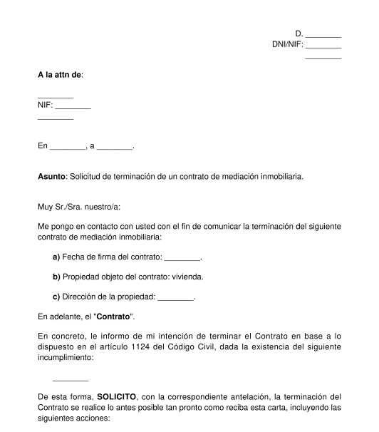 Carta para solicitar la terminación de un contrato de mediación inmobiliaria