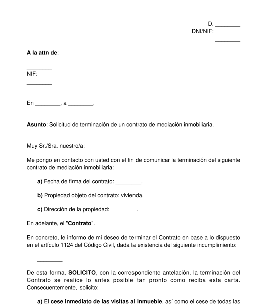 Carta para solicitar la terminación de un contrato de mediación inmobiliaria