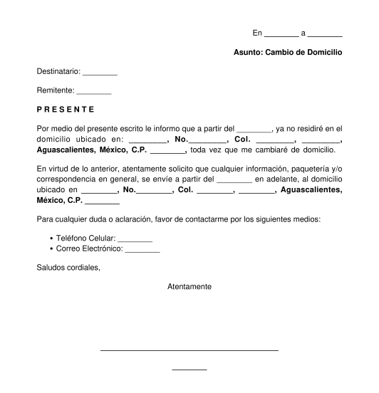 Carta por Cambio de Domicilio Personal