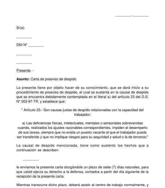 Carta de preaviso de despido justificado