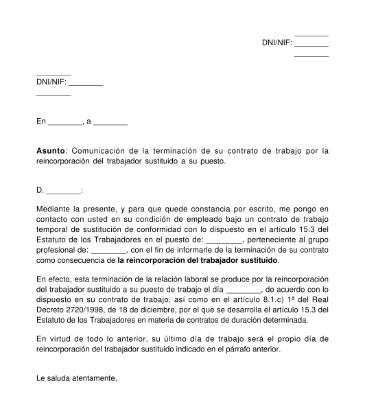Carta de preaviso de la extinción de un contrato de sustitución
