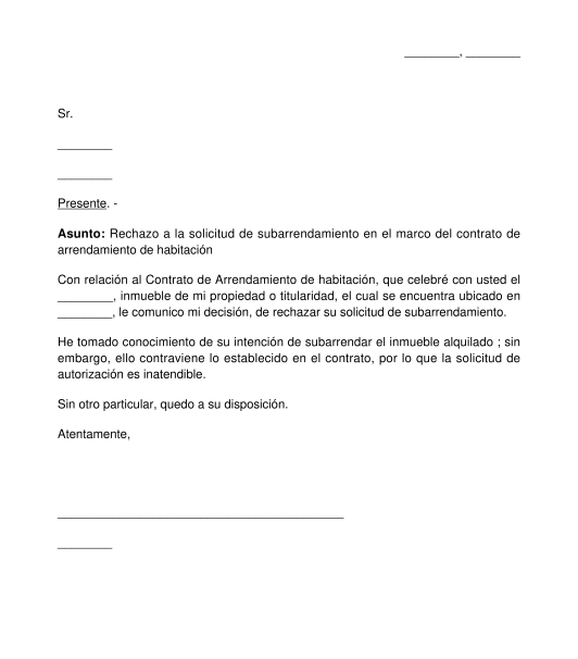 Carta de rechazo del arrendador a la solicitud de subarrendamiento o cesión del arrendatario
