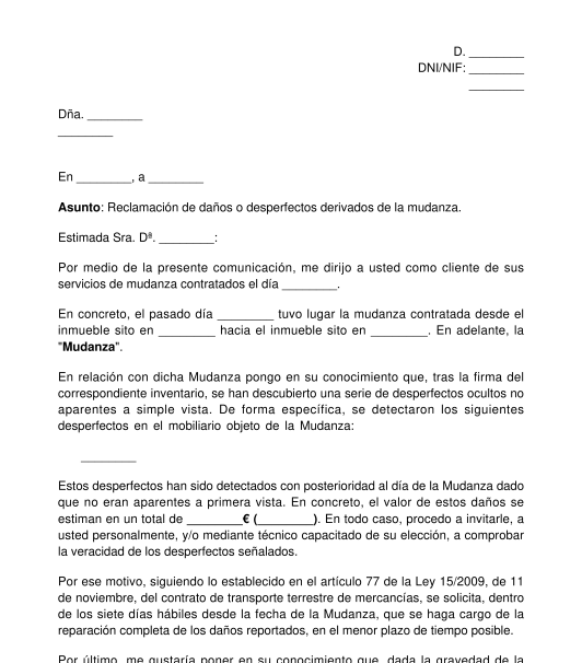 Carta para reclamar desperfectos tras una mudanza