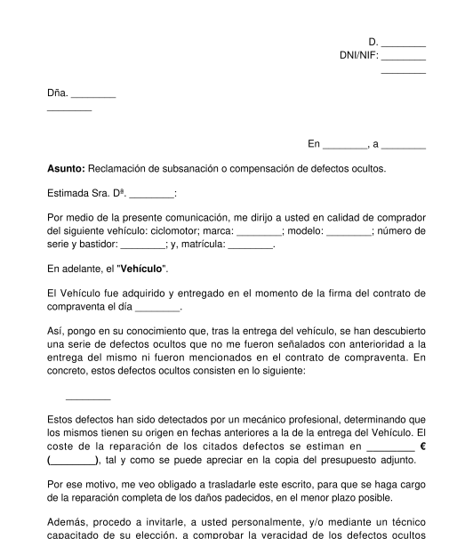 Carta para reclamar la reparación de averías en coches usados