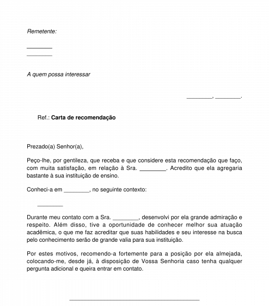 Carta de recomendação para fins não profissionais