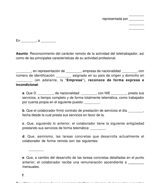 Carta de reconocimiento del carácter remoto de la actividad del trabajador