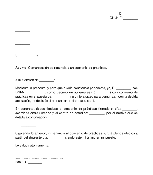 Carta de renuncia a un contrato o convenio de prácticas